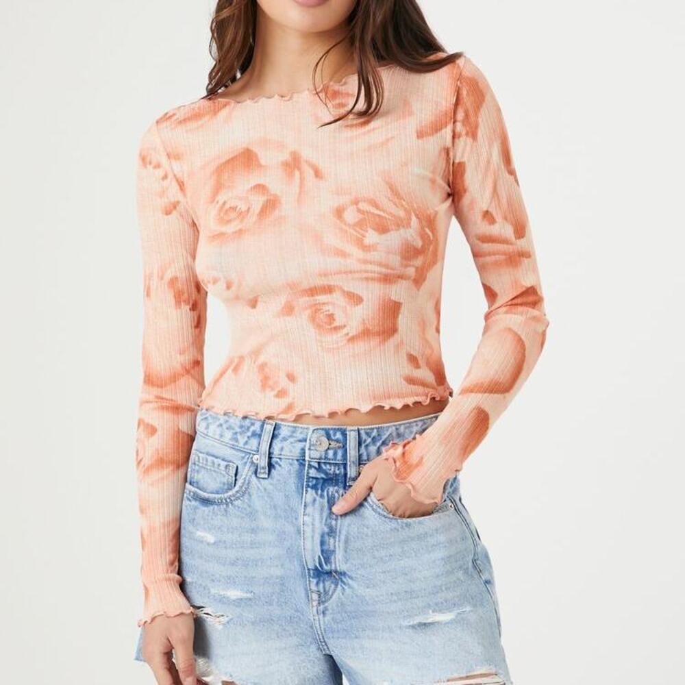 Forever 21 Rose Print Mesh Top in Pink